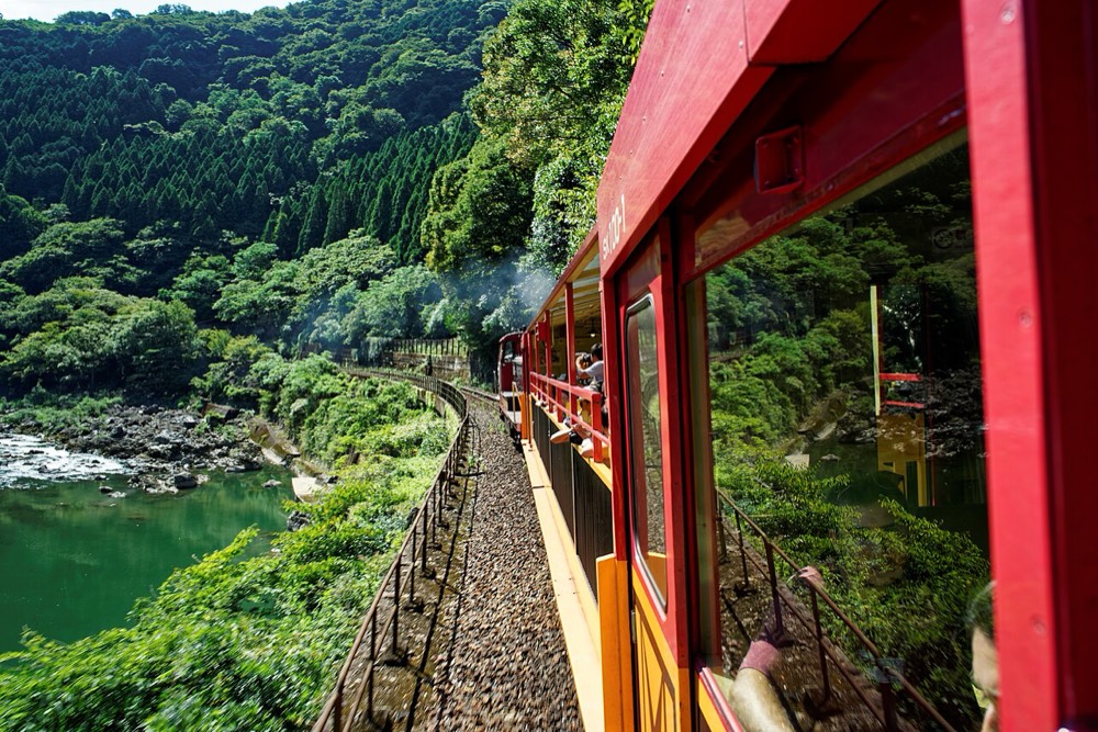 The Sagano Scenic Railway running along the Hozugawa gorge