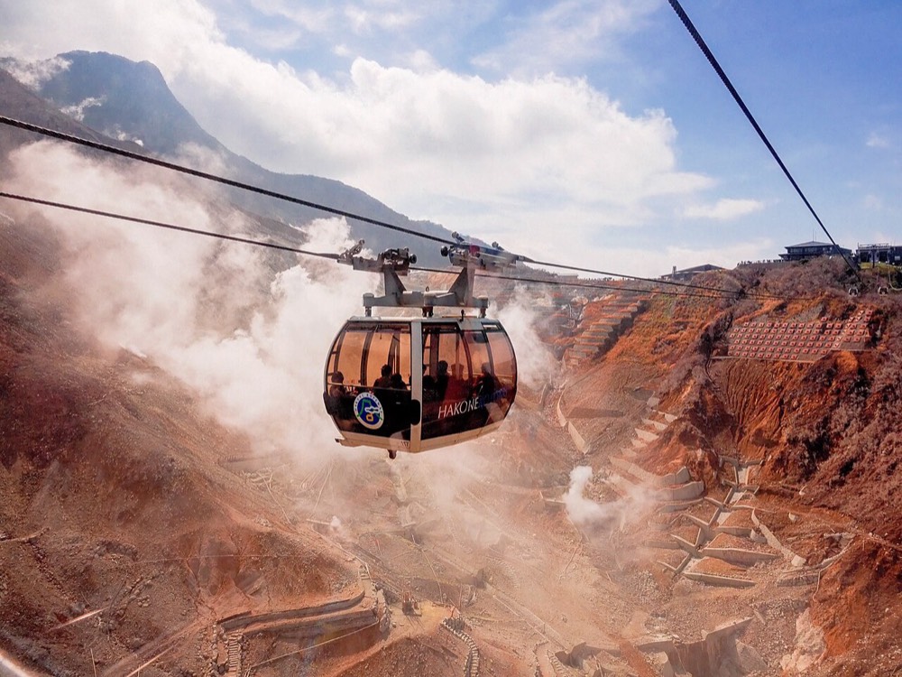 A Hakone ropeway gondola passing over Owakudani