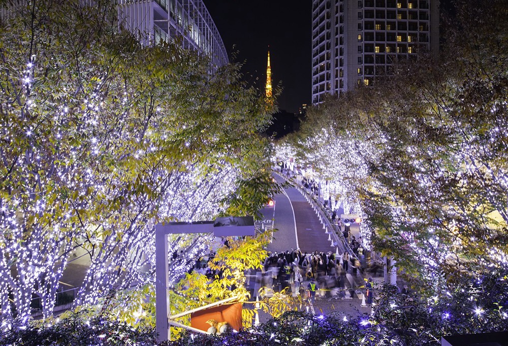 Night illumination on Keyakizaka at Roppongi Hills, with sparkling lights on the trees along both sides of the road