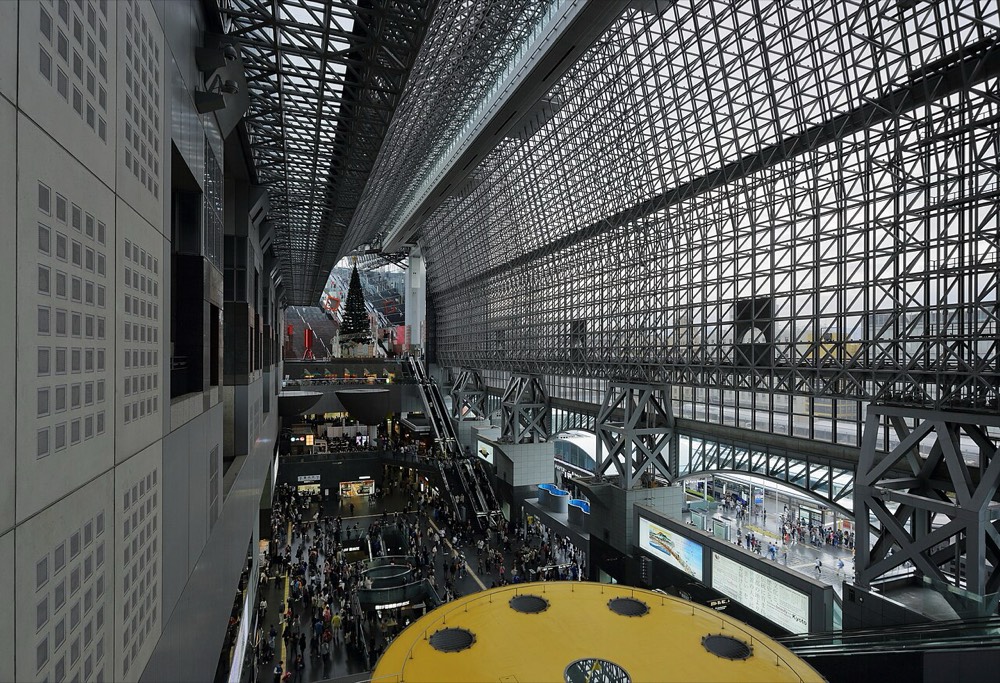 The spacious high central concourse and glass roof of Kyoto Station Building