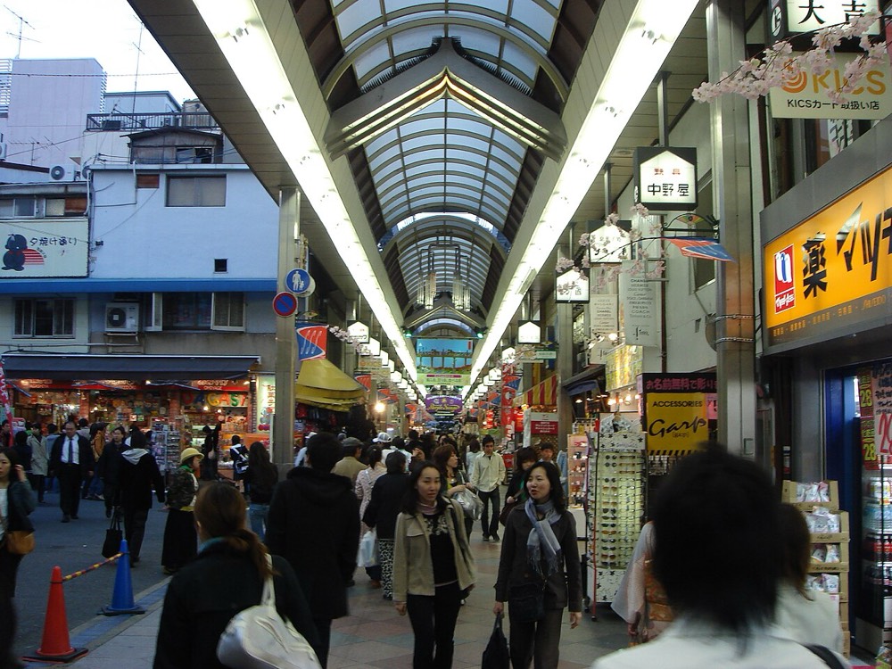 A busy street in Shinkyogoku shopping street, lined with shops on both sides