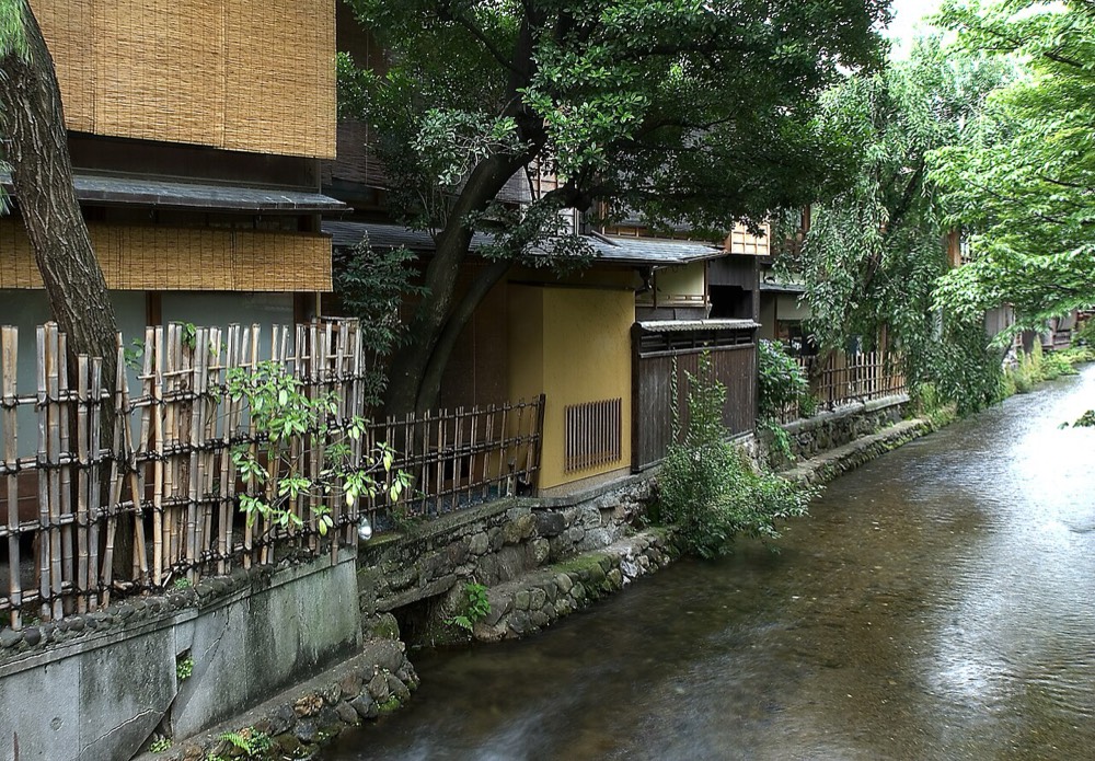 The Shirakawa canal in Gion, with the rear of teahouses lined along the water