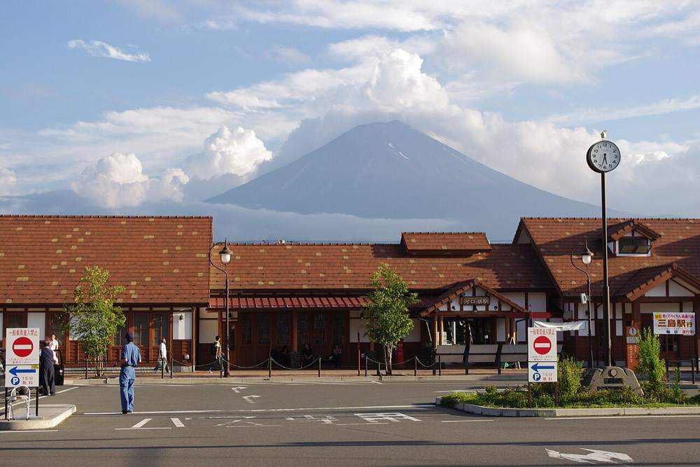 Mt. Fuji visible behind Kawaguchiko Station