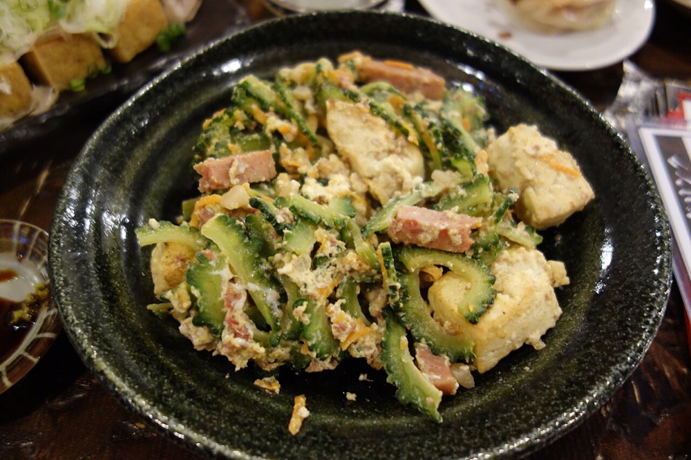 A plate of goya champuru (stir-fried bitter melon and tofu), a classic Okinawan home dish