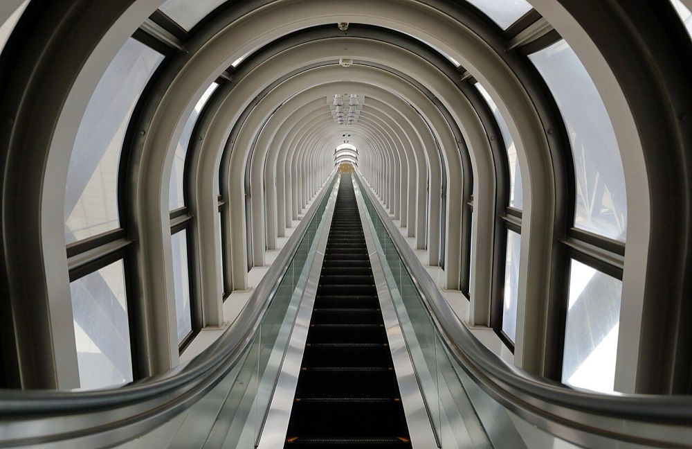 The transparent escalator to the Floating Garden Observatory at Umeda Sky Building