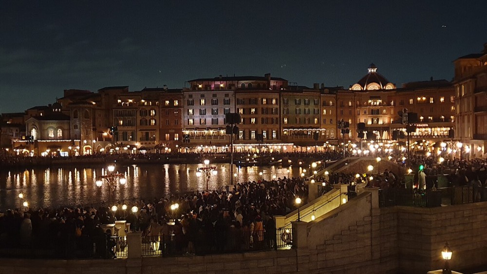 The Mediterranean Harbor at Tokyo DisneySea lit up at night
