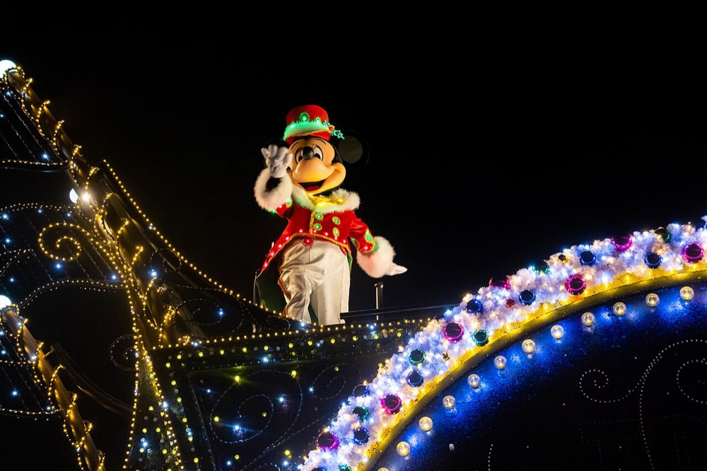 Floats in the Electrical Parade at Tokyo Disneyland at night