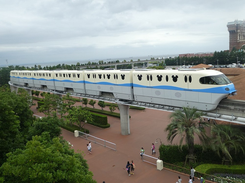 The Disney Resort Line monorail with Mickey-shaped windows on its elevated track