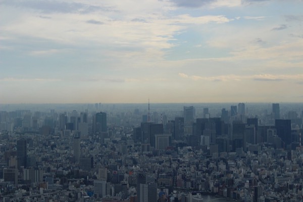 東京自由行行程第一站從東京晴空塔眺望的市區天際線，遠方可見東京鐵塔
